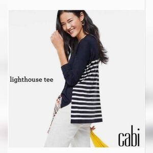 Cabi Navy Striped Hi- Low Long Sleeve Lighthouse Tee